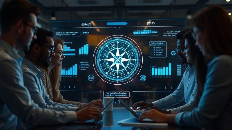 A photorealistic image depicting a diverse team of financial professionals collaborating around a digital dashboard displaying compliance metrics and ethical guidelines. The atmosphere is one of focused teamwork and shared responsibility, with subtle glowing lines connecting individuals to a central ethical compass icon. Professional photography, 8K, cinematic lighting, sharp focus, depth of field, shot on a high-end DSLR.