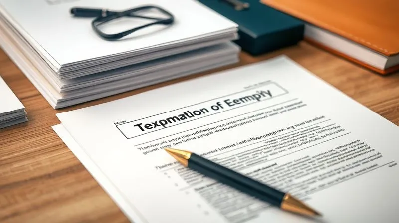 A photorealistic, overhead shot of a meticulously organized desk with stacks of legal documents, a neatly labeled folder, and a pen, symbolizing the detailed preparation required for tax exemption applications. Professional photography, 8K, cinematic lighting, sharp focus on the documents, depth of field blurring the background, shot on a high-end DSLR.