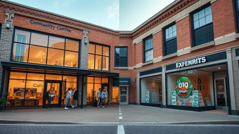 A photorealistic image depicting a building with a clear dividing line down the middle, one side showing a vibrant community center activity and the other a commercial storefront, symbolizing the challenge of mixed-use property tax exemptions. Professional photography, 8K, cinematic lighting, sharp focus on the dividing line, depth of field blurring the background, shot on a high-end DSLR.
