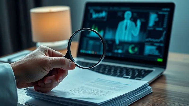 photorealistic, professional photography, 8K, cinematic lighting, sharp focus, depth of field, shot on a high-end DSLR, a hand meticulously reviewing a stack of medical documents with a magnifying glass, a laptop displaying complex data in the background, symbolizing the detailed underwriting process for long-term care insurance.