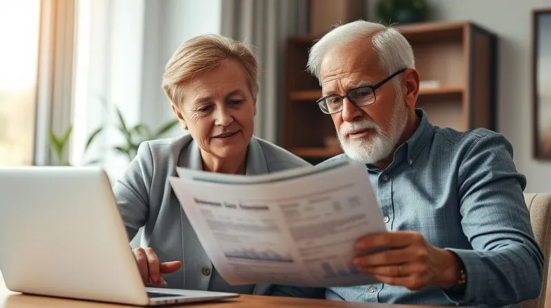 photorealistic, professional photography, 8K, cinematic lighting, sharp focus, depth of field, shot on a high-end DSLR, a compassionate financial advisor and an older client reviewing long-term care insurance documents, with a clear, calm expression, an open laptop displaying financial projections, warm, inviting office setting.