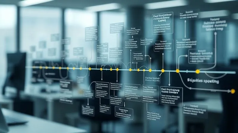 A photorealistic, professional photography, 8K, cinematic lighting, sharp focus, depth of field, shot on a high-end DSLR, depicting a detailed, complex digital timeline showing various policy updates and their interconnectedness, with some elements highlighted and a clear path emerging from the confusion. The background is a blurred office environment.