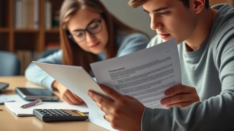 A photorealistic, professional photography, 8K, cinematic lighting, sharp focus, depth of field, shot on a high-end DSLR, depicting a student intently reviewing a financial aid offer letter, surrounded by a subtle glow of clarity, with a calculator and official documents on a clean desk. The background is softly blurred, suggesting a focus on the crucial details of the letter.