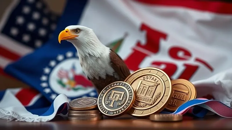 A photorealistic, professional photography, 8K, cinematic lighting, sharp focus, depth of field, shot on a high-end DSLR, featuring a diverse collection of symbolic funding elements: a federal eagle, a state flag, a university crest, and a 'scholarship' medal, all arranged harmoniously to represent multiple pathways to financial aid. The image conveys abundance and strategic choice.