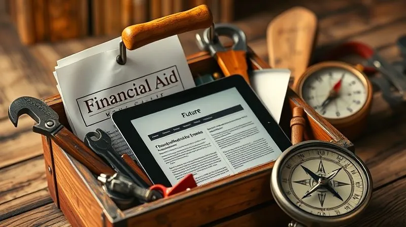 A photorealistic, professional photography, 8K, cinematic lighting, sharp focus, depth of field, shot on a high-end DSLR, depicting a sturdy, old-fashioned wooden toolkit filled with modern financial aid documents, a tablet displaying financial news, and a compass pointing towards 'Future'. The tools are neatly organized, representing preparedness and resilience.