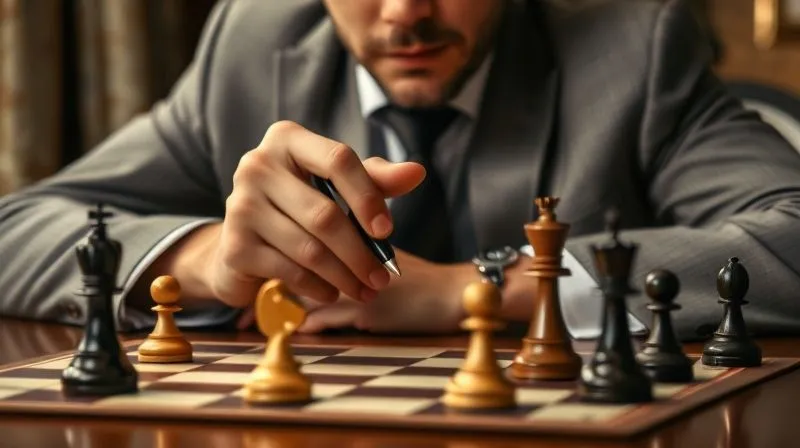 A photorealistic image of a person at a negotiation table, holding a pen, with a focused and determined expression. On the table, a chess board is partially visible, with a few key pieces strategically placed. Cinematic lighting, sharp focus on the negotiator, depth of field blurring the background, 8K hyper-detailed, professional photography, shot on a high-end DSLR.