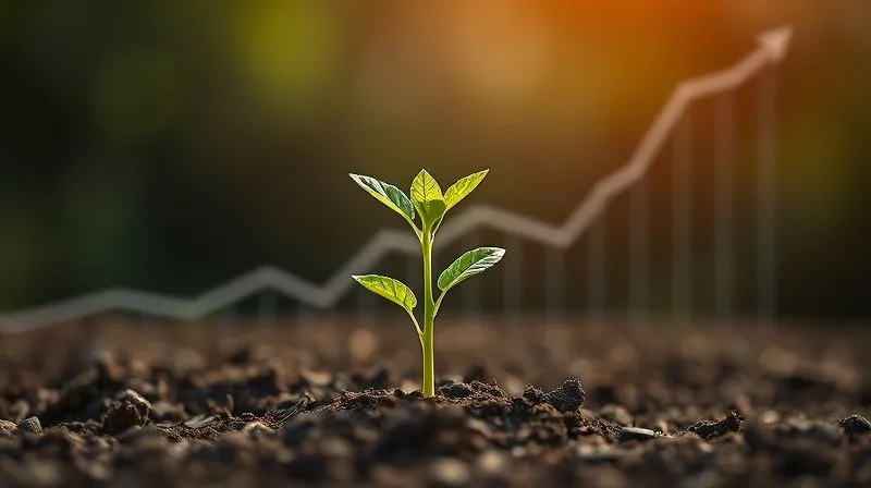 A photorealistic image of a growth chart with an upward-trending line, overlaid with a strong, healthy plant sprouting from fertile ground, symbolizing sustainable growth and control. Cinematic lighting, sharp focus on the plant and chart, depth of field blurring the background, 8K hyper-detailed, professional photography, shot on a high-end DSLR.