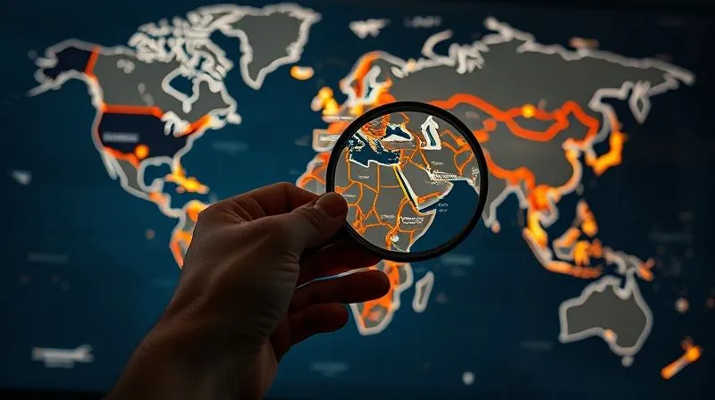 photorealistic, professional photography, 8K, cinematic lighting, sharp focus, depth of field, shot on a high-end DSLR. A detailed world map illuminated with glowing lines connecting major cities, overlaid with icons representing different airline alliances and luxury hotel brands. In the foreground, a hand holds a magnifying glass over a specific route, indicating strategic planning. The image conveys complexity, connectivity, and opportunity.