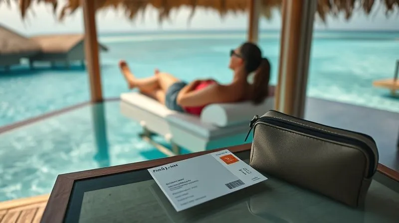 photorealistic, professional photography, 8K, cinematic lighting, sharp focus, depth of field, shot on a high-end DSLR. A couple relaxes in a luxurious overwater bungalow in the Maldives, with crystal-clear turquoise water visible through a glass floor. A first-class airline amenity kit and a boarding pass for a premium cabin are subtly placed on a nearby table, hinting at the journey. The scene radiates aspirational luxury and relaxation.