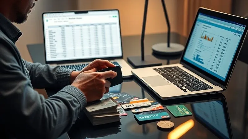 photorealistic, professional photography, 8K, cinematic lighting, sharp focus, depth of field, shot on a high-end DSLR. A person sits at a sleek, modern desk, meticulously organizing a stack of credit cards and various gift cards. A laptop screen displays a spreadsheet with financial data, and a phone is held to their ear, suggesting a strategic negotiation. The scene conveys organization, financial acumen, and discreet strategy.