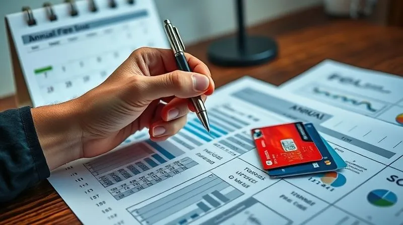 photorealistic, professional photography, 8K, cinematic lighting, sharp focus, depth of field, shot on a high-end DSLR. A hand holding a pen is poised over a detailed annual financial review spreadsheet, with various credit cards fanned out on the table. A calendar on the wall is marked with 'Annual Fee Due' dates. The scene conveys diligent financial planning and strategic decision-making.