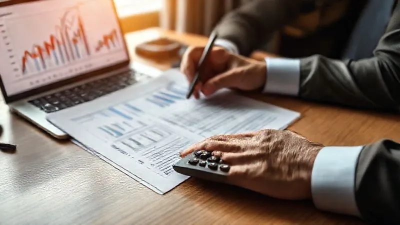 A photorealistic image of a person reviewing tax documents and a calculator on a desk, with a laptop displaying financial charts in the background. The scene is well-lit, professional, and conveys thoughtful financial planning. Cinematic lighting, sharp focus on the documents, depth of field, 8K hyper-detailed, professional photography, shot on a high-end DSLR.