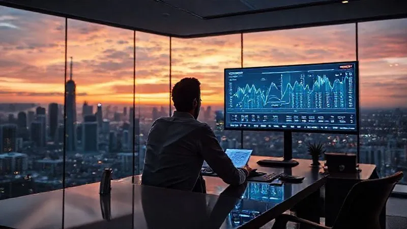 A photorealistic image of a person sitting at a large, modern desk overlooking a city skyline at sunset, meticulously planning their long-term financial strategy with a complex financial projection displayed on a large monitor. The atmosphere is one of focused ambition and foresight. Cinematic lighting, sharp focus on the person and screen, depth of field, 8K hyper-detailed, professional photography, shot on a high-end DSLR.
