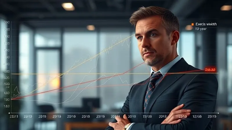 photorealistic, professional photography, 8K, cinematic lighting, sharp focus, depth of field, shot on a high-end DSLR. A complex financial chart with multiple overlapping lines representing stock price trajectory, vesting schedule, and projected tax impact over a 10-year timeline. Strategic decision points are highlighted with subtle glowing markers, indicating 'exercise window' or 'tax trigger'. The background is a blurred, modern office interior with an executive thoughtfully observing the data.