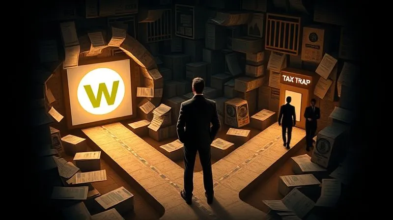 photorealistic, professional photography, 8K, cinematic lighting, sharp focus, depth of field, shot on a high-end DSLR. A visual metaphor for navigating a complex tax maze. An executive figure stands at a crossroads within a labyrinth of financial documents and tax forms. One path, clearly lit, leads to a stylized 'optimized wealth' symbol, while other, darker paths are labeled 'tax trap' with shadowy figures. The overall mood is strategic and focused.