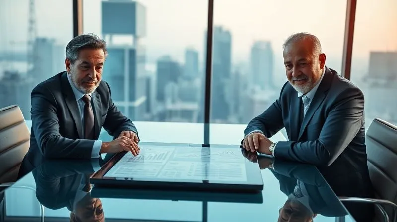 photorealistic, professional photography, 8K, cinematic lighting, sharp focus, depth of field, shot on a high-end DSLR. A professional financial advisor and a confident executive are seated at a modern conference table, collaboratively reviewing a complex digital financial projection displayed on a large tablet. The lighting is bright and inviting, emphasizing teamwork and strategic planning. A subtle, high-rise cityscape is blurred in the background, suggesting a corporate environment.