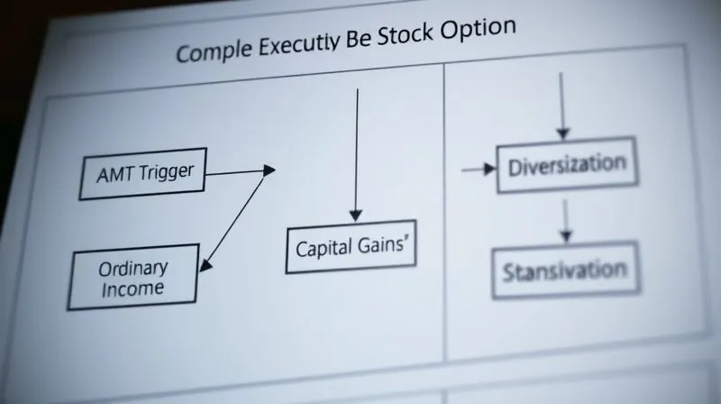 A photorealistic, detailed flowchart illustrating the complex decision points for executive stock option taxation, with arrows leading to 'AMT Trigger', 'Ordinary Income', 'Capital Gains', and 'Diversification Strategy'. The chart is clean, professional, and uses a subtle color gradient to indicate progression, 8K, cinematic lighting, sharp focus, depth of field, shot on a high-end DSLR.