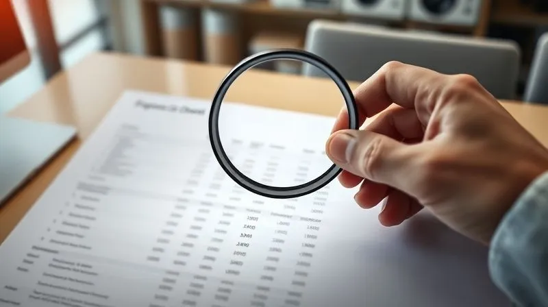 A photorealistic image of a person's hand holding a magnifying glass over a detailed financial spreadsheet, with various categories of income and expenses clearly visible, cinematic lighting, sharp focus on the spreadsheet, depth of field blurring a modern office background, 8K hyper-detailed.
