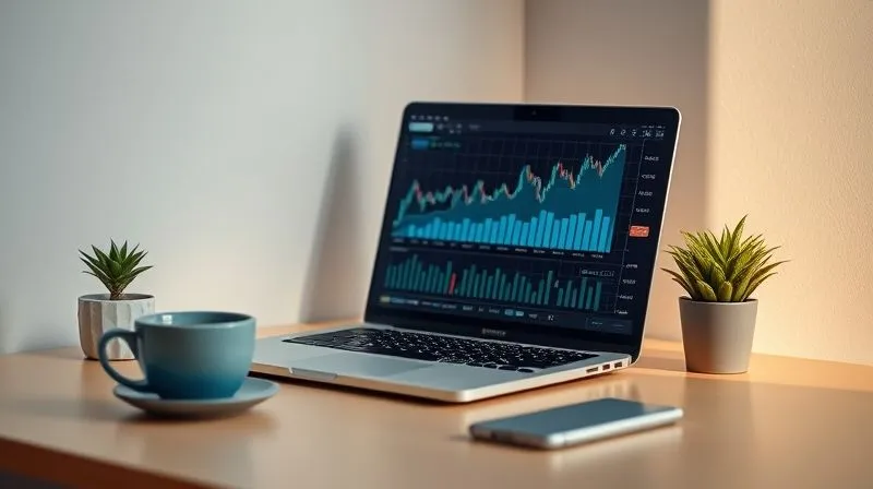 A photorealistic image of a minimalist desk setup with a laptop displaying stock market charts showing upward trends, a cup of coffee, and a small, vibrant green plant. The scene is bathed in soft, natural light, with a sharp focus on the laptop screen and a gentle depth of field, conveying growth and thoughtful investment strategy, 8K hyper-detailed.
