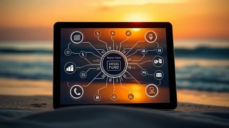 A photorealistic image of a sleek, modern tablet displaying a complex yet clear infographic of interconnected passive income streams flowing into a central 'freedom fund' icon, with subtle motion blur effects indicating flow, set against a backdrop of a tranquil beach at sunrise, professional photography, 8K, cinematic lighting, sharp focus on the tablet, depth of field blurring the beach scene.