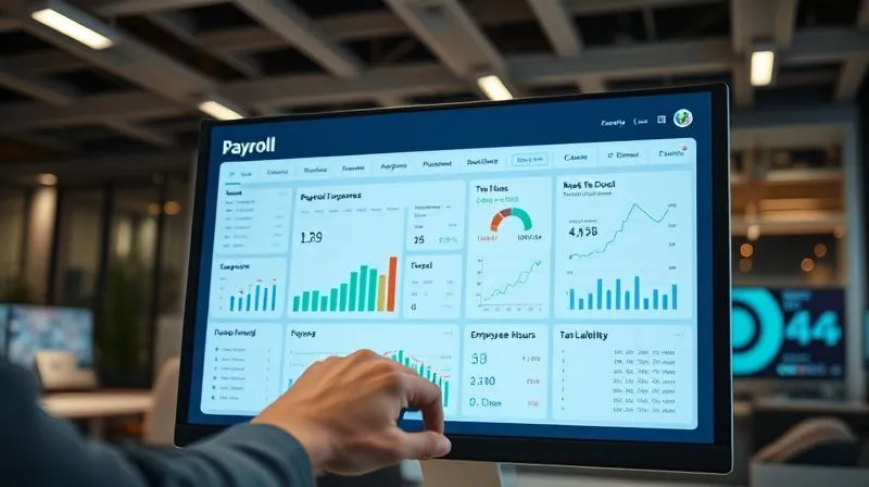 A photorealistic image of a sleek, modern payroll software dashboard displayed on a large monitor in an office setting. The screen shows clear charts and graphs for payroll expenses, employee hours, and tax liabilities, with a small business owner's hands interacting with a mouse. Cinematic lighting, sharp focus on the screen, depth of field blurring the background office. 8K hyper-detailed.