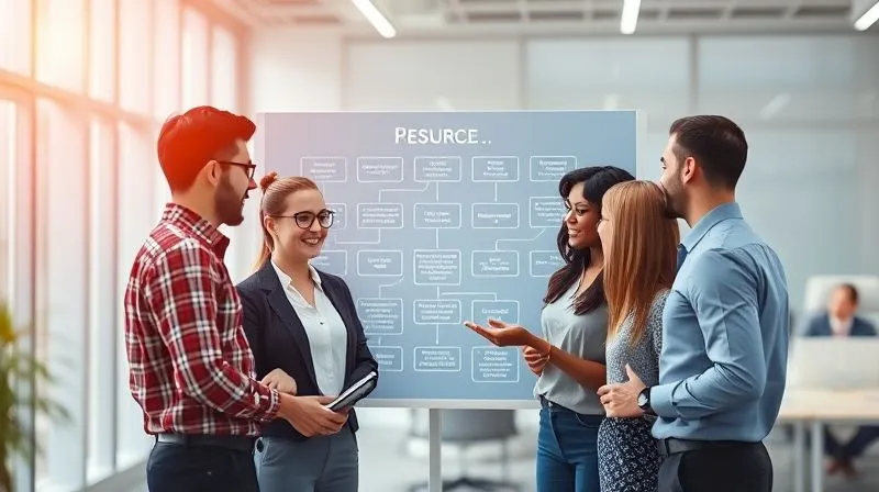 A photorealistic image showing a diverse team of small business employees collaborating around a large digital flowchart or project management board. The board visually represents skill sets, project assignments, and cross-training pathways, with connecting lines illustrating efficient resource allocation. Bright, modern office environment, cinematic lighting, sharp focus on the team and board, depth of field blurring the background. 8K hyper-detailed.
