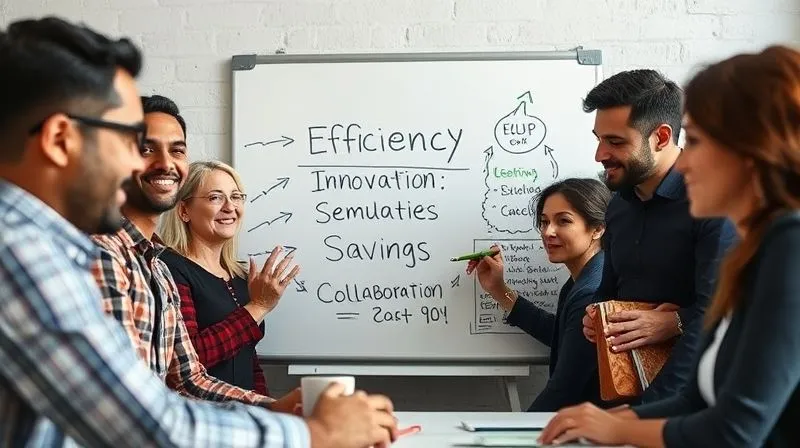 A photorealistic image of a diverse small business team actively participating in a brainstorming session. They are gathered around a whiteboard with ideas like 'Efficiency', 'Innovation', 'Savings', and 'Collaboration' written on it. The atmosphere is positive and engaging, with team members smiling and contributing. Cinematic lighting, sharp focus on the team, depth of field blurring the background. 8K hyper-detailed.