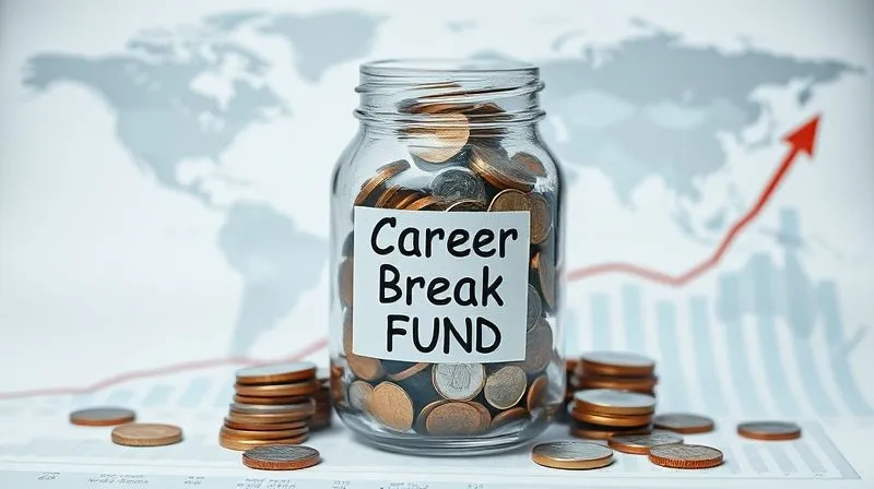 A photorealistic image showing a clear glass jar labeled "Career Break Fund" overflowing with coins and bills, placed on a financial growth chart with an upward trend. In the background, a world map is subtly visible. Cinematic lighting, sharp focus on the jar and money, depth of field, 8K, shot on a high-end DSLR.