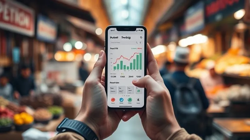 A photorealistic image of a traveler's hands holding a smartphone displaying a budget tracking app with clear graphs and figures, set against a blurred background of a bustling local market in an exotic location. Cinematic lighting, sharp focus on the phone screen and hands, depth of field, 8K, shot on a high-end DSLR.