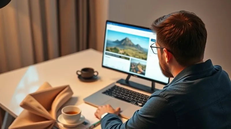 A photorealistic image of a person sitting at a desk, looking at a laptop with a calm, focused expression. On the screen, a split image shows a travel photo on one side and a professional networking site or resume on the other. A planner and a cup of coffee are on the desk. Cinematic lighting, sharp focus on the person and laptop, depth of field, 8K, shot on a high-end DSLR.