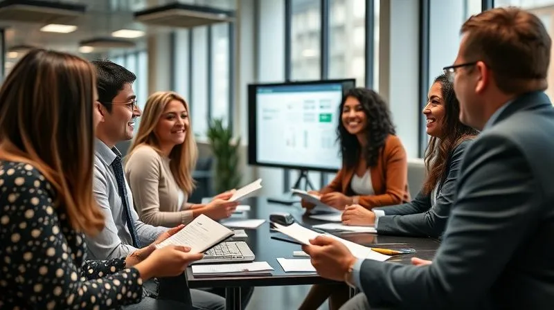 A photorealistic, professional photography image of a diverse group of employees, smiling and engaged, actively participating in a financial literacy workshop in a modern office. They are taking notes and interacting with a presenter who is explaining concepts on a screen. Cinematic lighting, sharp focus on the participants, depth of field blurring the background, 8K hyper-detailed, shot on a high-end DSLR.