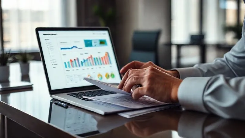 A photorealistic image of a person meticulously organizing financial documents on a sleek desk, with a laptop displaying a clear, colorful financial dashboard showing income, expenses, and net worth, cinematic lighting, sharp focus on the documents and screen, depth of field blurring a professional office background, 8K hyper-detailed.