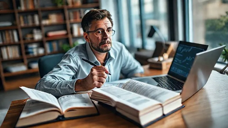 A photorealistic image of a person sitting at a modern desk, surrounded by open books on finance and a laptop displaying financial charts, with a thoughtful expression, a pen in hand, cinematic lighting, sharp focus on the person and books, depth of field blurring a background of a cozy, intellectual study, 8K hyper-detailed.