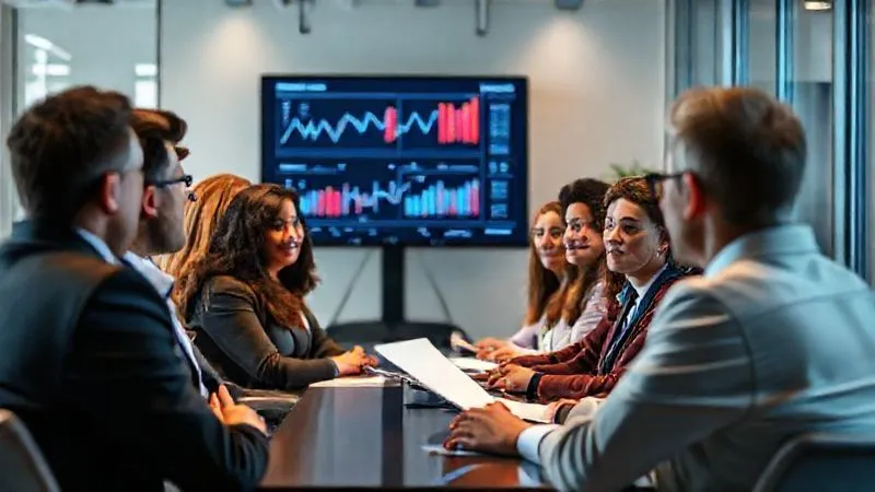 A photorealistic image of a diverse group of professionals attentively listening to a financial advisor in a modern, brightly lit office, with charts and graphs on a screen in the background, representing a financial wellness workshop, cinematic lighting, sharp focus on the participants, depth of field blurring the advisor, 8K hyper-detailed.