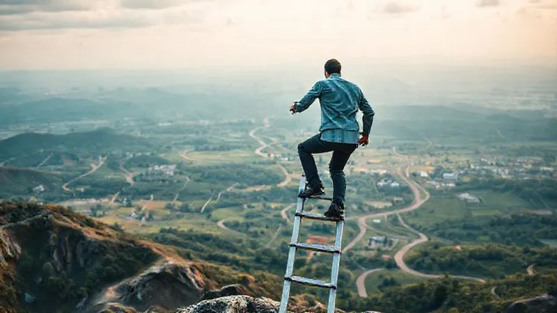 A photorealistic image of a professional climbing a metaphorical ladder made of various skills and opportunities, with a diverse landscape of career paths stretching into the horizon, symbolizing career growth and diversification, cinematic lighting, sharp focus on the climbing person, depth of field blurring the distant landscape, 8K hyper-detailed.