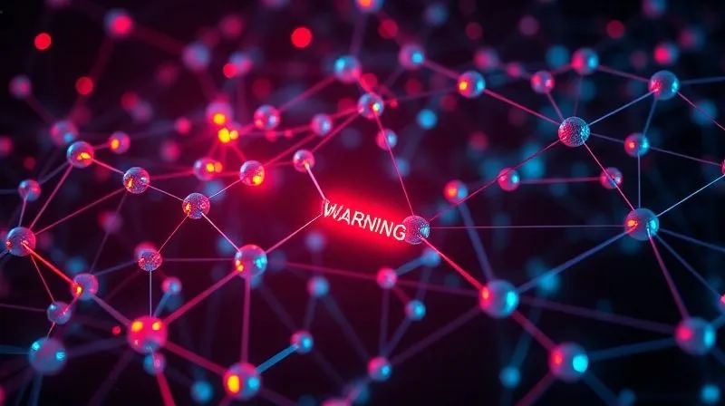 A photorealistic image showing a complex network of glowing blockchain nodes interconnected, with a single broken link emitting red warning signs. The overall image should convey fragility and the critical importance of every connection, with cinematic lighting and sharp focus on the broken link, depth of field blurring the background, 8K hyper-detailed, professional photography, shot on a high-end DSLR.