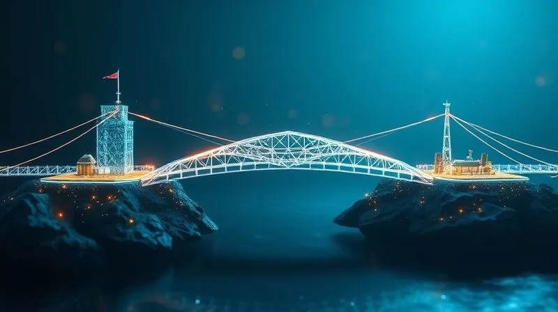 A photorealistic image of a secure, transparent digital bridge connecting two distinct blockchain islands, with strong, glowing data streams flowing across. On one island, a complex financial system, and on the other, external data sources, all under cinematic lighting. Sharp focus on the bridge, conveying secure integration, depth of field blurring the background, 8K hyper-detailed, professional photography, shot on a high-end DSLR.