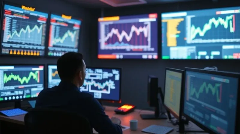 A photorealistic image of a control room with multiple screens displaying real-time blockchain transaction data, glowing graphs, and alert notifications. A focused team of cybersecurity experts is actively monitoring, with cinematic lighting creating a sense of urgency and vigilance. Sharp focus on the screens and team, depth of field blurring the background, 8K hyper-detailed, professional photography, shot on a high-end DSLR.