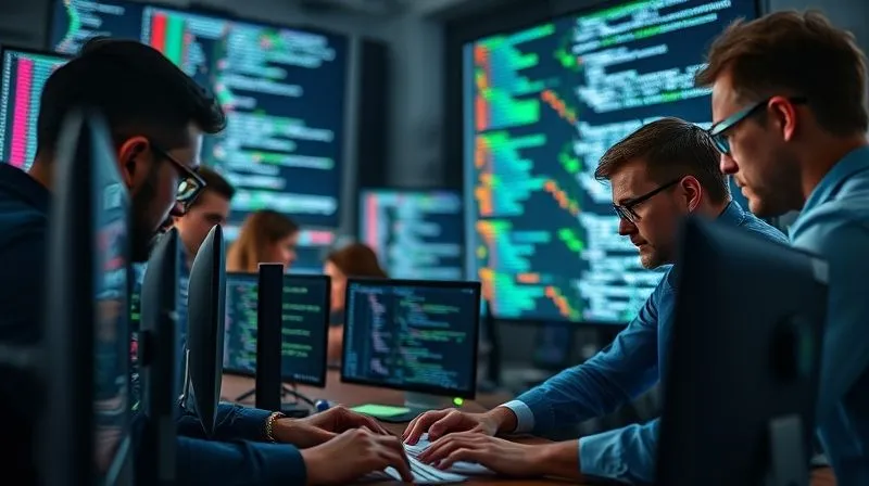 A photorealistic image of a diverse group of developers and cybersecurity experts collaboratively examining lines of code on multiple screens, fostering an environment of shared learning and vigilance. Cinematic lighting, sharp focus on the team and code, depth of field blurring the background, 8K hyper-detailed, professional photography, shot on a high-end DSLR, conveying collective intelligence and security culture.