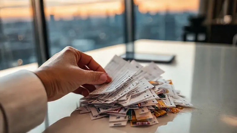 A photorealistic close-up of a professional's hand sorting through a small pile of miscellaneous travel receipts (coffee cups, taxi fares, small snack wrappers) on a hotel desk, with a blurred background of a city skyline at dusk. professional photography, 8K, cinematic lighting, sharp focus, depth of field, shot on a high-end DSLR