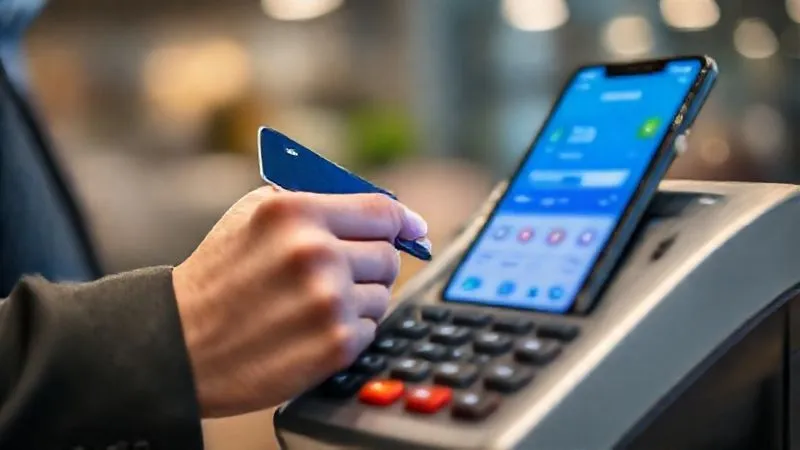 A photorealistic image of a professional making a contactless payment with a credit card at a modern payment terminal, with a blurred smartphone screen in the background showing a budget tracking app. The scene is well-lit and clean, conveying financial responsibility. professional photography, 8K, cinematic lighting, sharp focus, depth of field, shot on a high-end DSLR