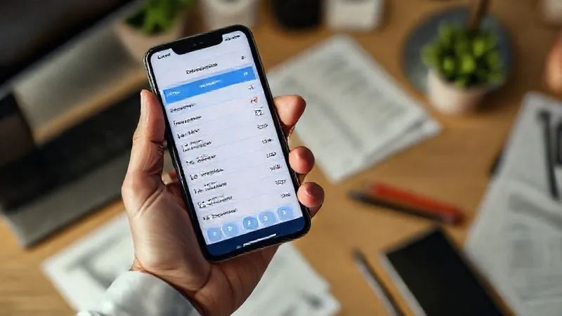 A photorealistic close-up of a professional's hand holding a smartphone displaying an expense tracking app with various categorized expenses, receipts visible in the background on a desk. The image is clean, organized, and conveys efficiency. professional photography, 8K, cinematic lighting, sharp focus, depth of field, shot on a high-end DSLR