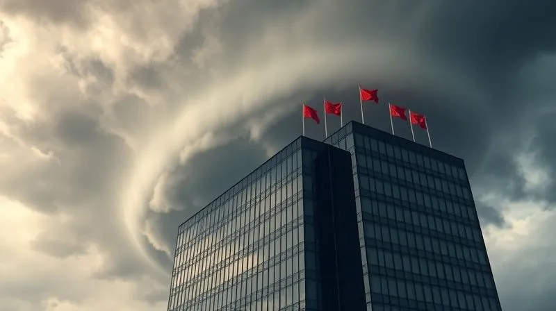 A photorealistic, professional photography, 8K, cinematic lighting, sharp focus, depth of field, shot on a high-end DSLR, depicting a turbulent economic storm cloud casting a shadow over a calm, stable financial building, with small red flags emerging from the building's windows, symbolizing company-specific warnings.