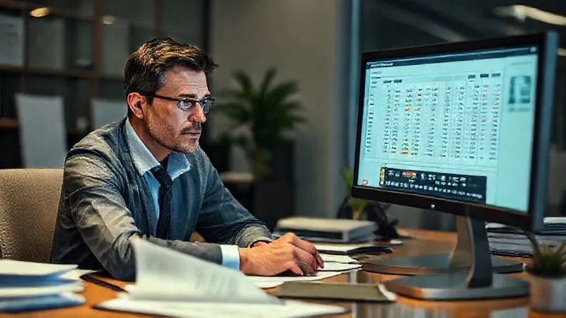 A professional at a desk, looking thoughtfully at a detailed financial spreadsheet on a monitor, with a serious but determined expression, surrounded by orderly documents. photorealistic, professional photography, 8K, cinematic lighting, sharp focus, depth of field, shot on a high-end DSLR.