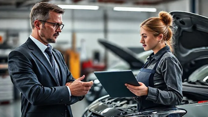 Photorealistic, professional photography, 8K, cinematic lighting, sharp focus, depth of field, shot on a high-end DSLR. A well-dressed male professional in a clean garage setting, attentively listening to a knowledgeable female mechanic explaining a car diagnostic report on a tablet, with the car's engine bay open in the background. The professional looks concerned but engaged, seeking understanding.