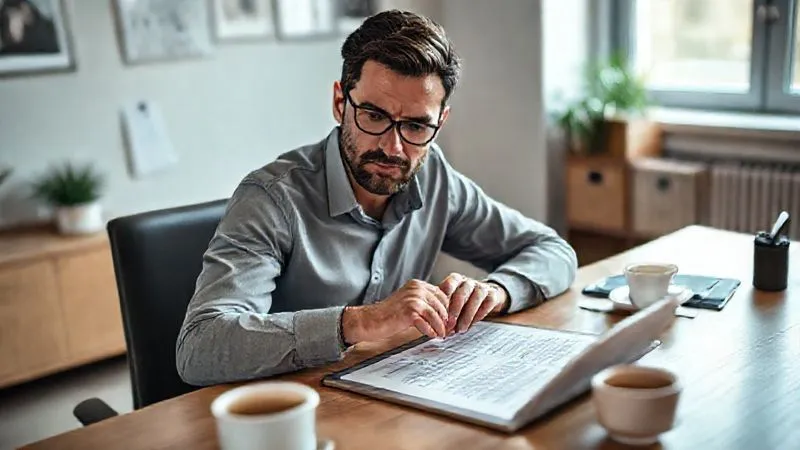 Photorealistic, professional photography, 8K, cinematic lighting, sharp focus, depth of field, shot on a high-end DSLR. A professional, mid-30s, sitting at a modern home office desk, meticulously reviewing an insurance policy document on a tablet, with a focused and thoughtful expression. A cup of coffee and a neatly organized workspace are in the background, conveying diligence and planning.