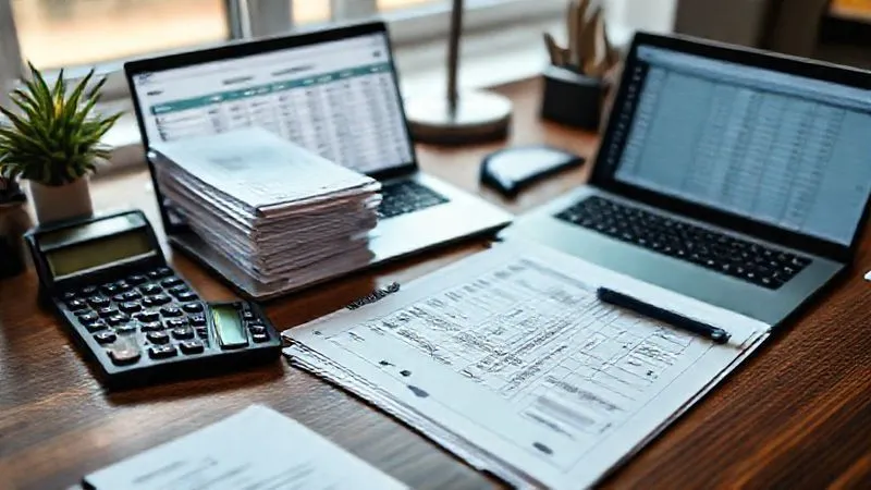 Photorealistic image of a professional's desk with a stack of medical bills, a calculator, and a financial planning spreadsheet open on a laptop screen. The scene is well-organized but conveys the challenge of financial recovery, with cinematic lighting and sharp focus on the documents. 8K, depth of field.