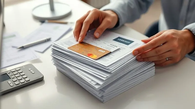A photorealistic, professional photography shot of a person's hands meticulously organizing a stack of credit card statements and financial documents on a clean, minimalist desk. The scene is well-lit with cinematic lighting, sharp focus on the documents, and a shallow depth of field. 8K hyper-detailed, shot on a high-end DSLR, conveying a sense of organized determination.