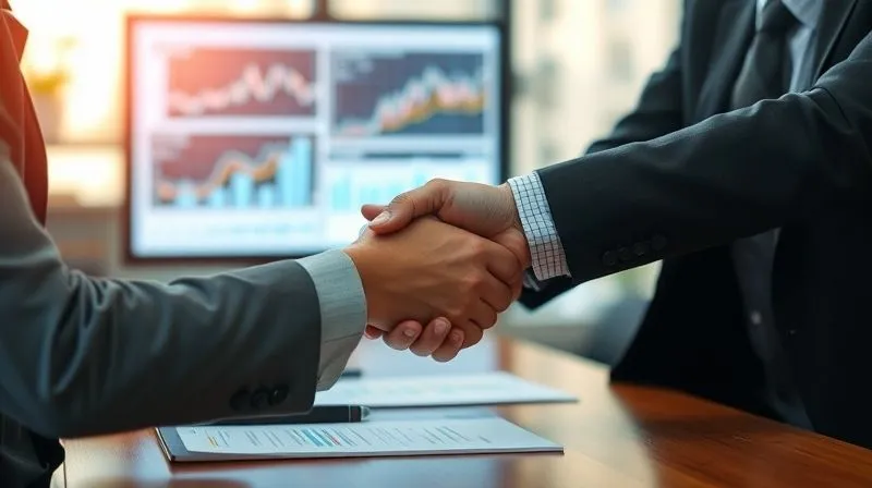 A photorealistic image of a person shaking hands with a professional financial advisor across a desk, with charts and graphs visible on a screen in the background. The mood is one of trust, relief, and collaboration. Cinematic lighting, sharp focus on the handshake, depth of field blurring the background. 8K hyper-detailed, professional photography, shot on a high-end DSLR.