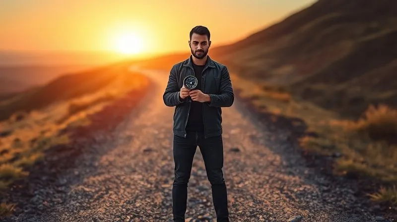 A photorealistic image of a person standing at a crossroads, one path clear and bright leading to a distant, sunlit horizon, the other path dark and winding. The person looks determined, holding a compass, symbolizing financial direction and decision-making. Cinematic lighting, sharp focus on the person, depth of field. 8K hyper-detailed, professional photography, shot on a high-end DSLR.